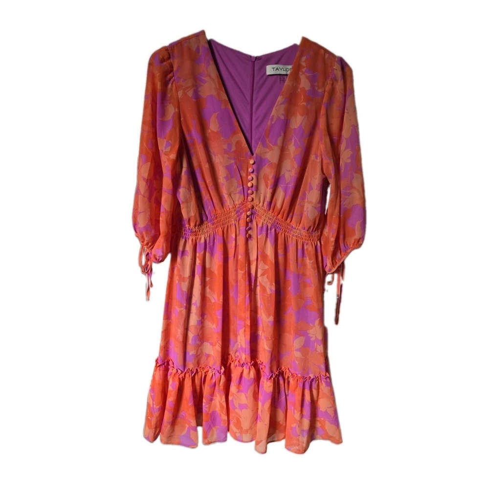 Taylor Floral Chiffon Orange And Purple Smocked Mini Dress, Size 14 NWT